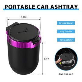 ZNDAW Car Ashtray with Lid, Smokeless Stainless Steel Vehicle Ash Tray with LED Light, Easy Clean Up Detachable Cylinder Ashtray Portable Trash Can for Road Trip, Car Accessories (Purple)
