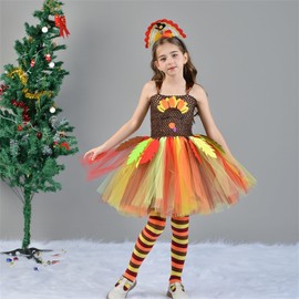 TUDUZ Girls Thanksgiving Turkey Cos Costume Dress Dress Lavender Dress Baby (Orange, 10-12 Years)