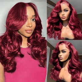 99j Burgundy Lace Front Wigs Human Hair 13x4 Bob Wig Human Hair Pre Plucked 200 Density HD Transparent Body Wave Lace Front Wigs Human Hair Red Colored Short Bob Wig for Women with Baby Hair 16inch