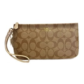 Coach NWT Auth Coach Signature Large Top Zip Wristlet Wallet 65748 Khaki/Platinum