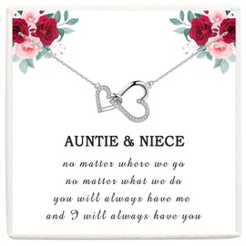 VOSAP Gifts for Auntie Niece, Auntie Niece Necklace Sterling Silver Two Interlocking Hearts Necklace Auntie Gifts, Perfect Niece Gifts on Birthday Christmas