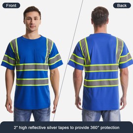 SKSAFETY High Visibility Safety Shirts for Men with Reflective Tapes - Quick Dry Class 2 Hi Vis Construction Work Shirts for Men, Short Sleeve Breathable Birdeyes T-Shirts with Pocket Blue