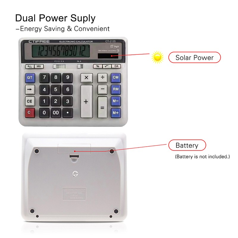 Large Computer Electronic Calculator Counter Solar & Battery Power 12