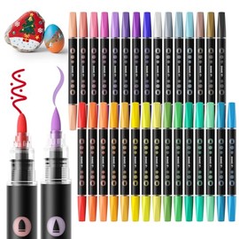 SUNEE 30 Colors Dual Tip Acrylic Paint Markers Pens, Bullet and Brush Tip Art Markers with Automatic Ink Control System, Water-Based Acrylic for Paper, Metal, Rock, Ceramic, Wood, Canvas, Glass