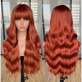 CoCrowns Wig with Bangs Long Wavy Wigs for Women Long Curly Synthetic Wig for Party Daily Use (Ginger)