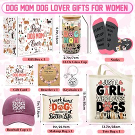 9 Pieces Dog Mom Gifts for Women, Best Dog Lovers Gifts for Women with 16oz Glass Cup, Baseball Cap, Tote Bag, Makeup Bag, Socks, Bracelet, Keychain for Dog Lover Birthday Christmas Mothers Day Gift