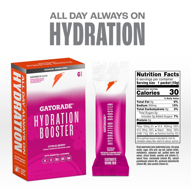 Gatorade Hydration Booster Electrolyte Drink Mix Powder Packets, Citrus Berry,