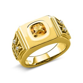 Gem Stone King Men's 18K Yellow Gold Plated Silver Yellow Citrine and White Topaz Ring (3.04 Cttw, Gemstone Birthstone, Available In Size 8,9,10,11,12,13)