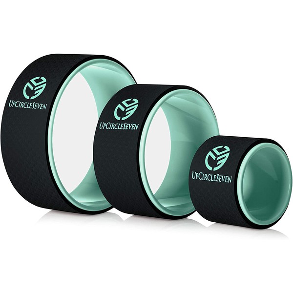 UpCircleSeven Yoga Wheel Set - Strongest & Most Comfortable Dharma Yoga Prop Wheel, 3 Pack for Back Pain Stretching & Backbends (12, 10, 6 inch) (Cyan)