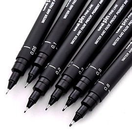 Uni Ball - Uni Pin Fineliner Technical Drawing Pen - Black Ink - 0.05mm to 0.8mm - Set of 6