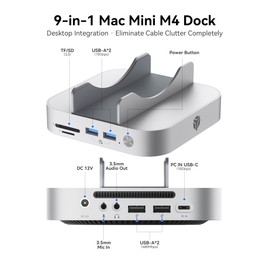 Yottamaster 9 in 1 Mac mini M4 Dock 10Gbps with 8TB NVMe SATA SSD Enclosure, Aluminum Mac mini M4 Stand and Hub, Built in Cool Fan, USB-A*2/USB-C 10Gbps, USB-A 2.0 * 2, 3.5mm Audio*2, TF/SD