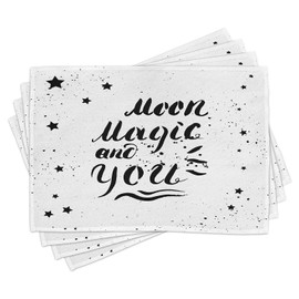 Ambesonne Romantic Place Mats Set of 4, Moon Magic and You Inspirational Messy Modern Brush Pen Calligraphy with Stars, Washable Fabric Placemats for Dining Room Kitchen Table Decor, Black White