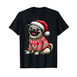 Dog Pug Ugly Sweater Santa Hat Christmas T-Shirt