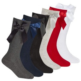 Style It Up 6 Pack Pair Girls/Kids Knee High Socks with Satin Ribbons Bows Cotton Rich School Long Socks Smart Formal Dressup (Multipack Black,Grey,Navy,Light Grey,Cream,Red UK 12.5-3.5)