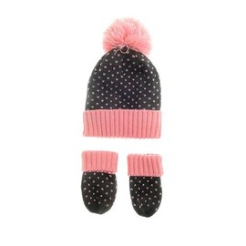 Ziggle Baby - Bobble Hat and Mittens Set - Baby Essentials - Comfy Warmth - Baby Clothes - Cute Warm Baby Gift - 12 to 24 Months - Navy, Pink Hearts