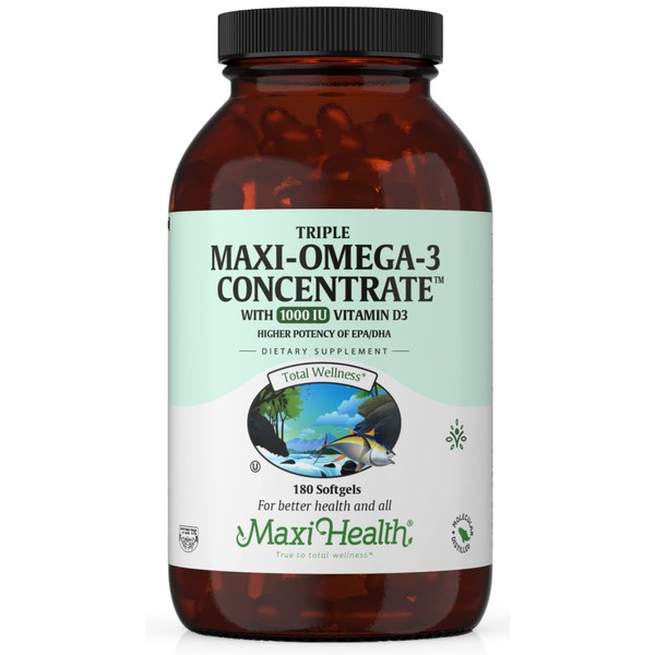 Maxi Health Omega 3 Supplement with Vitamin D3 1000 IU - Omega-3 Fish Oil Concentrate from Wild Caught Tuna – Kosher – Heart & Joint Health - High Potency Source of EPA / DHA Fatty Acids - 180 Vegetarian Softgels