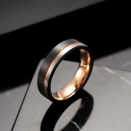 King Will LOOP Tungsten Carbide Wedding Band 6mm Rose Gold Line Ring Black and Silver Brushed Comfort Fit 5