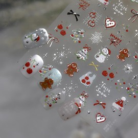 Christmas Nail Stickers 3D Self-Adhesive Santa Claus Snowman Nails Supplies Tree Bow Nails Decals Gingerbread Man Designs 5D Embossed Cute Red Cherry Nails Decoration for Women DIY Manicure 1 Sheet