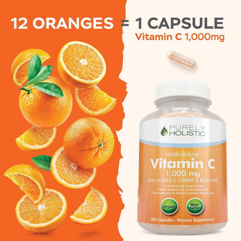 Purely Holistic Vitamin C 1000mg, 365 Capsules, 12 Month Supply,
