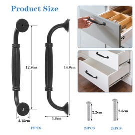 TsunNee 12PCS Vintage Cabinet Handles, Cupboard Door Handles, European Bow Pulls, Antique Drawer Handles, Furniture Door Pull Handles for Kitchen Bedroom, 128mm 5.03 Inches Hole Distance, Black