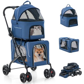 Giantex Double Dog Stroller for 2 Dogs, Detachable Carriers, Safety Belt, 4 Lockable Wheels, Pet Travel Carrier Strolling Cart, Folding Cat Stroller for Small Medium Pets Dogs (Blue)