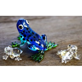 1½" Tall Blue Dyeing Poison-Arrow Frog Miniature Glass Blown Morphing Dart Frogs Figurine Bright Blue Morph Azureus Lampwork Collectible
