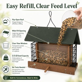 Hopper Bird Feeder with Suet Cages, All Weather Hanging Bird Feeders for Outdoors Wild Birds, HDPE Recycled Plastic Bird Feeder for Cardinals Finch Chickadees Woodpeckers, Backyard Garden Decor