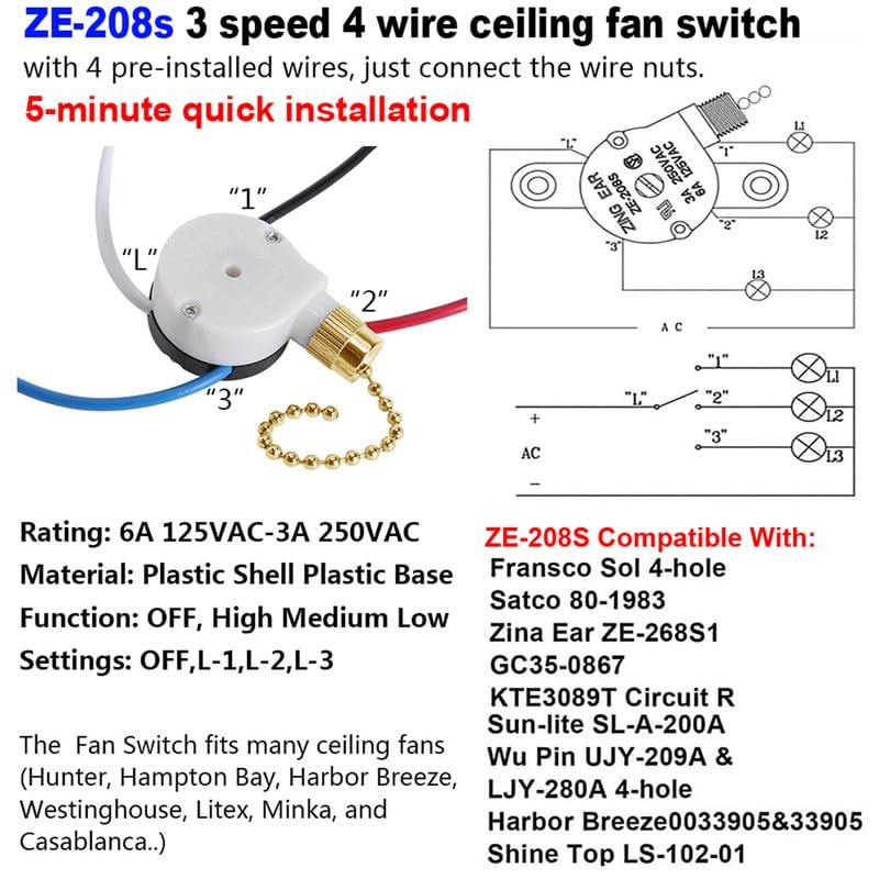 Ceiling Fan Switch ZE-208S Pull Chain Switch 3 Speed 4