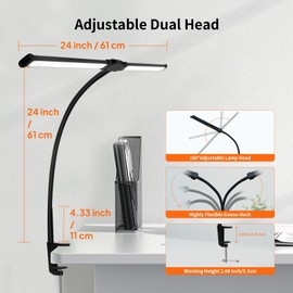 allchn LED Desk Lamp with Clamp, 62cm Super Wide Double Head & Bright 3 Color Modes X 10 Brightness Levels, USB Licht, Computer Monitor Flexible Lamp, Desk Light for Home Office