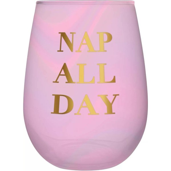 Slanted 'Nap All Day,' Stemless Wine Glass, 20-Ounce, Unique Gift,