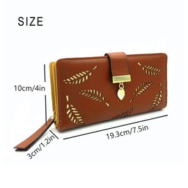HXT-OAK Women's Hollow Leaf Shape PU Leather Wallet with Leaf Pendant with 12 Card Slots and Zip Coin Pocket, brown, Fashionable