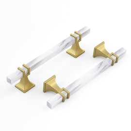 Haliwu 10 Pack 5 inch White Marble Grain Kitchen Cabinet Pulls Gold Dresser Drawer Handles, 2 Tone Square Hardware