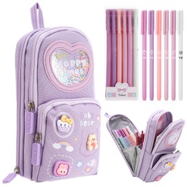 Aesthetic Pencil Case with Gel Pens Set, Large Capacity Pencil Case with Compartments Canvas Pen Pouch Organizer with Handle Cute Pen Bag for Teen Girls Women, Purple