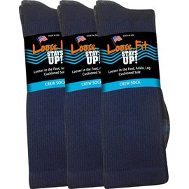 Loose Fit Stays Up Men's and Women's Casual Crew Socks (Pack of 3) Made in USA Cushioned Sole (Medium, Navy)