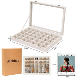 Mebbay 35 Grid Earring Organizer Velvet Jewelry Tray Organizer Felt Jewelry Box Tray Holder with Clear Lid for Drawer, Earring Necklace Bracelet Ring Healing Stones Storage (Creamy White)