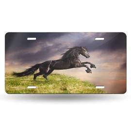 Snowmolle Friesian Black Horse Running License Plate Decorative Car Front License Plate Cover Vanity Tag Metal Car Plate Aluminum Novelty License Plate for Men/Women Car 6 X 12 Inch