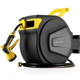 TLGREEN Retractable Garden Hose Reel, 1/2in x 100 ft Water Hose Reel Wall Mount Heavy Duty, Rewind Storage, 9-Function Sprayer Nozzle, Any Length Lock, Slow Return System, 180°Swivel Bracket，Yellow