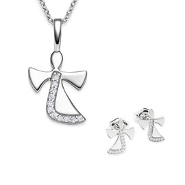 Amoonic Girls' Guardian Angel Jewellery Set 925 Silver Angel Necklace and Stud Earrings with Zirconia Gift Set with Engraving for Communion and Christening, Cubic Zirconia