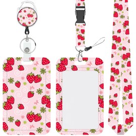 Lanyards for ID Badges Retractable Red Strawberry Floral ID Badge Holder with Detachable Lanyard Fashionable Badge Reel Heavy Duty with Rotate Carabiner Clip for Nurse Office Teacher