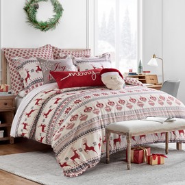 Levtex Home - Silent Night Comforter Set - King Comforter + Two King Pillow Cases - Fair Isle Deer - Red, Grey, Cream - Comforter (106 x 94in.) and Pillow Case (36 x 20in.) - Cotton