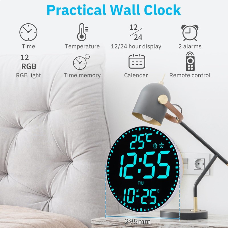 LED Digital Wall Clock Large Display, 10 Inch Electronic Alarm