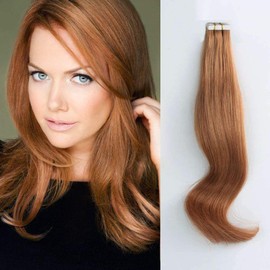 ABH AmazingBeauty Hair Semi-permanent Pre Taped Real Remi Remy Human Tape in Human Hair 50g 20pcs Skin Weft Invisible Seamless Reusable Platinum Light Auburn Color 30 18 Inch