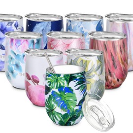 THILY Stemless Wine Tumbler Vacuum Insulated 12 oz Triple-Insulated Stainless Steel Wine Glass with Lid, Straw, Keep Cold for Coffee, Cocktails, Green Plants