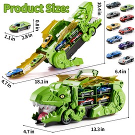 BLmukce Toddler Dinosaur Car for 3 4 5 6 Years Old Boys, Toys Truck Carrier Transporter, Foldable Race Track with 10 Die-Cast Cars, Toddler Car Chrimas Birthday Gifts for Kids (Green)