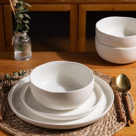 Ceramic Dinnerware Sets,Handcraft Wavy Rim Stoneware Plates and Bowls Sets,Highly Chip and Crack Resistant | Dishwasher & Microwave & Oven Safe Dishes set,Service for 4 (12pc)-White &Wave