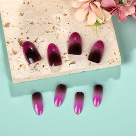 Gradient Press on Nails Medium Length Dark Purple Coffin Nails French False Nails Full Cover Artificial Nails Acrylic Almond Stick on Nails DIY Glossy Glue on Nails for Women Manicure Kit 24Pcs