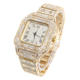 Halukakah Diamond Gold Watch Iced Out, Men's 18 Carat Real Gold/Platinum White Gold Plated Quartz Bracelet 24 cm Square Dial, with Tennis Chains Necklace Bracelet Set Options, Comes with Gift Box,