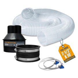 POWERTEC 70492 2-1/2" x 10' PVC Dust Collection Hose w/ 2pcs Stainless Steel Key Hose Clamps, 4" to 2-1/2" Reducer and 4" Dust Control Flex Cuff, for Table Saw, Band Saw, Router Table, Woodworking