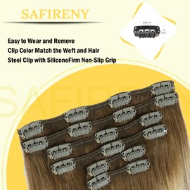 SAFIRENY Clip in Hair Extensions Human Hair Double Weft Balayage Color Walnut Brown To Ash Brown and Golden Blonde,Clip in Hair Extensions,22 Inch 120g,6pcs Per Set With 18 Clips（#3/8/22,22")