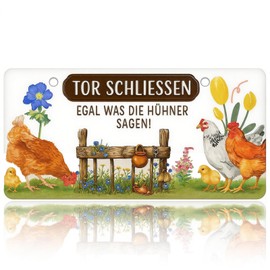 Blechschild Hühnerstall Schild - Hühner Schild TOR SCHLIESSEN EGAL WAS DIE HÜHNER SAGEN - Hühner Deko Geschenk als Hühnerstall Zubehör und Wanddeko Metallschild 32x16cm